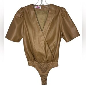 Buddy Love Ava Faux Leather Wrap Bodysuit Tan Short Sleeve Size Small